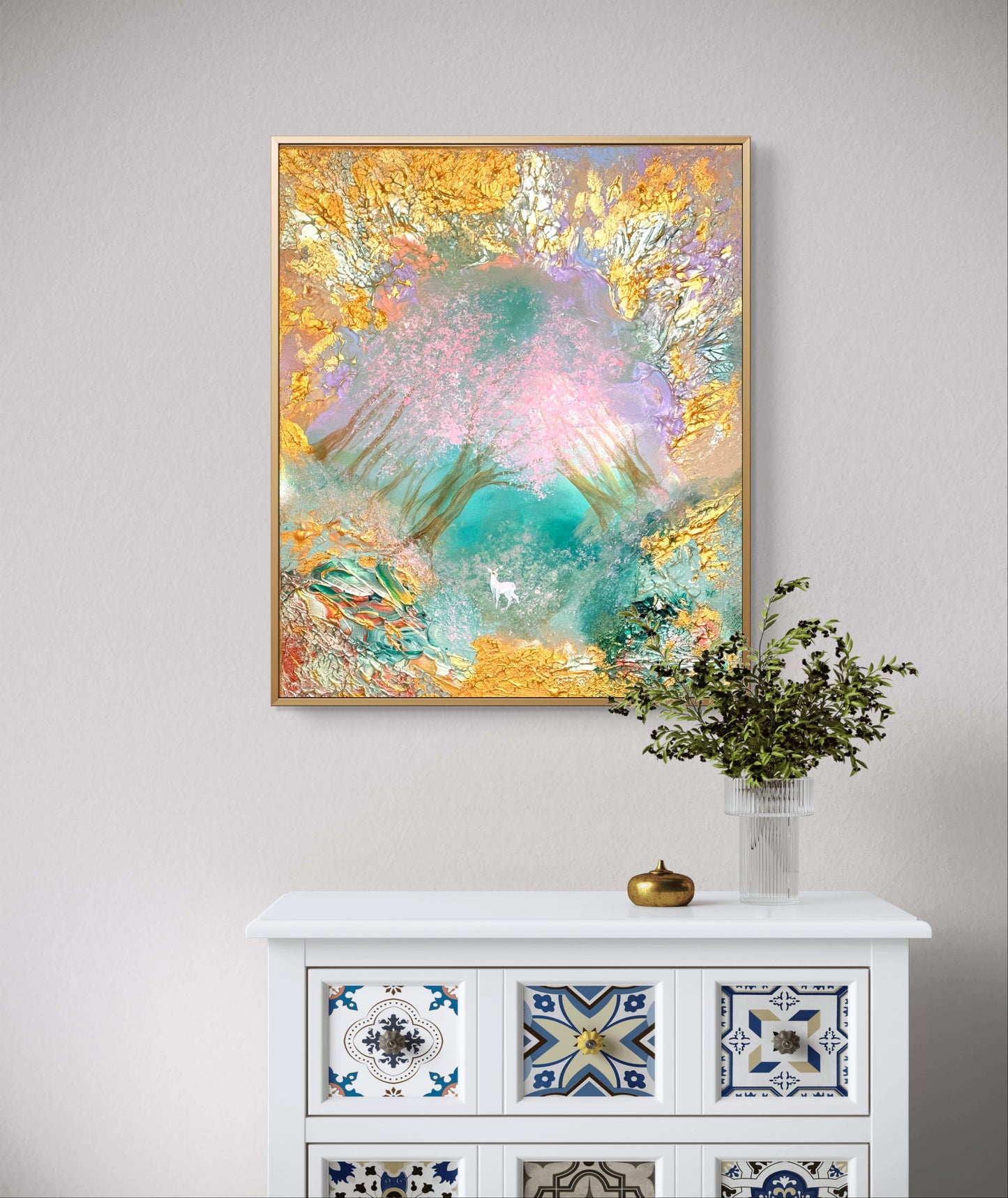 Original handgemaltes Fantasy-Gemälde 50 × 60 cm mit Hirschkalb im magischen Wald