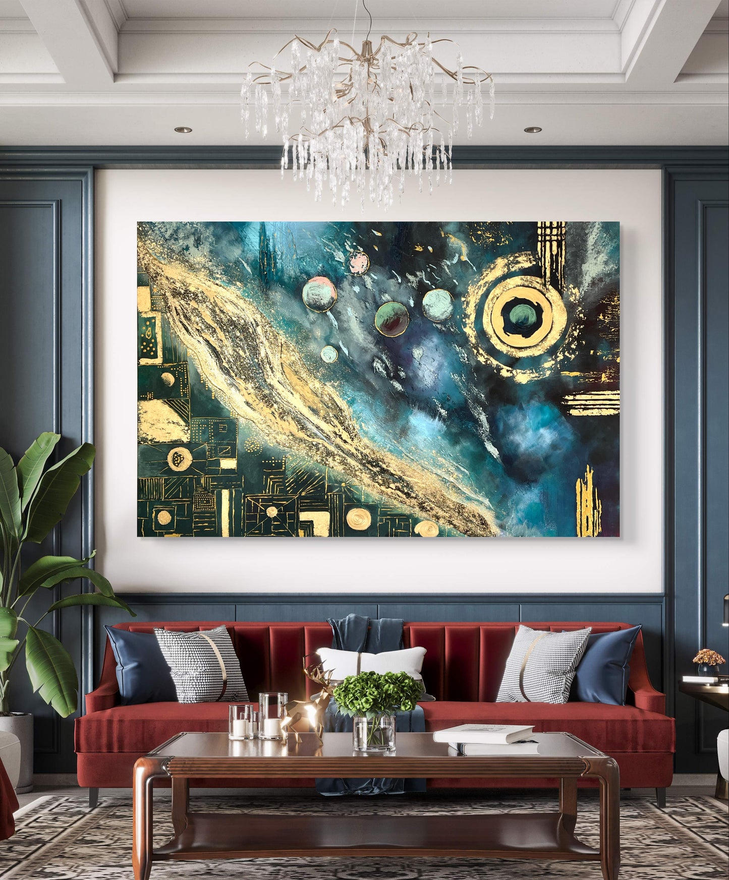 Abstraktes Originalgemälde – Cosmos in Blau & Gold – Acryl auf Leinwand 150 × 100 cm – Handsigniert