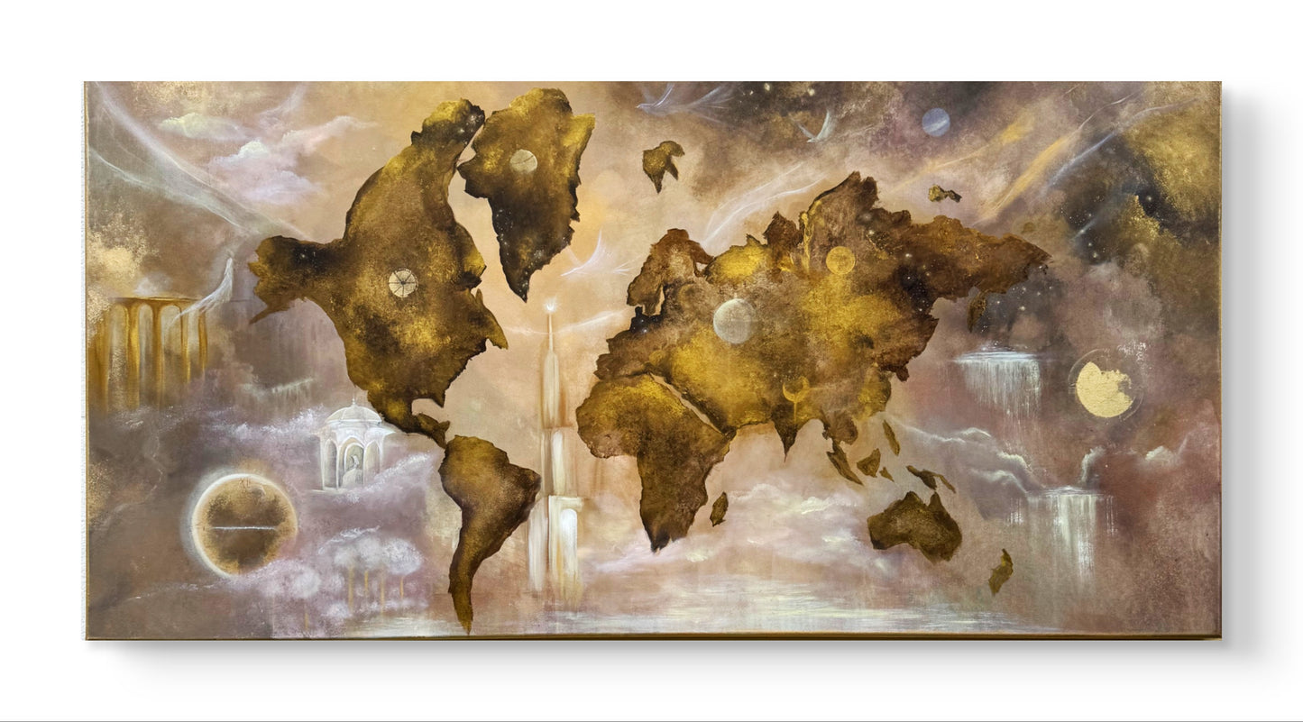 Original handgemaltes Weltkarten-Gemälde 140 × 70 cm in Gold mit kosmischen Elementen und Struktur