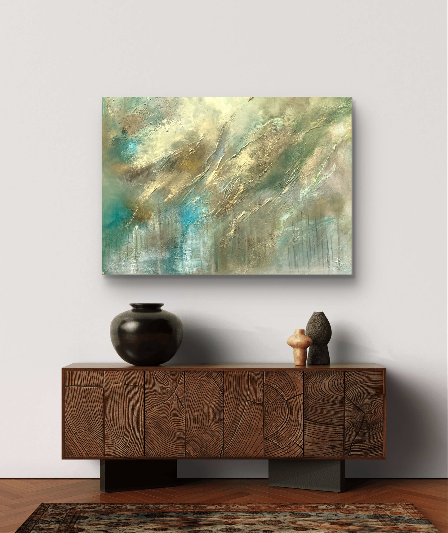 Original handgemaltes abstraktes Gemälde 100 × 70 cm in Gold, Blau, Grün & Erdtönen mit Struktur