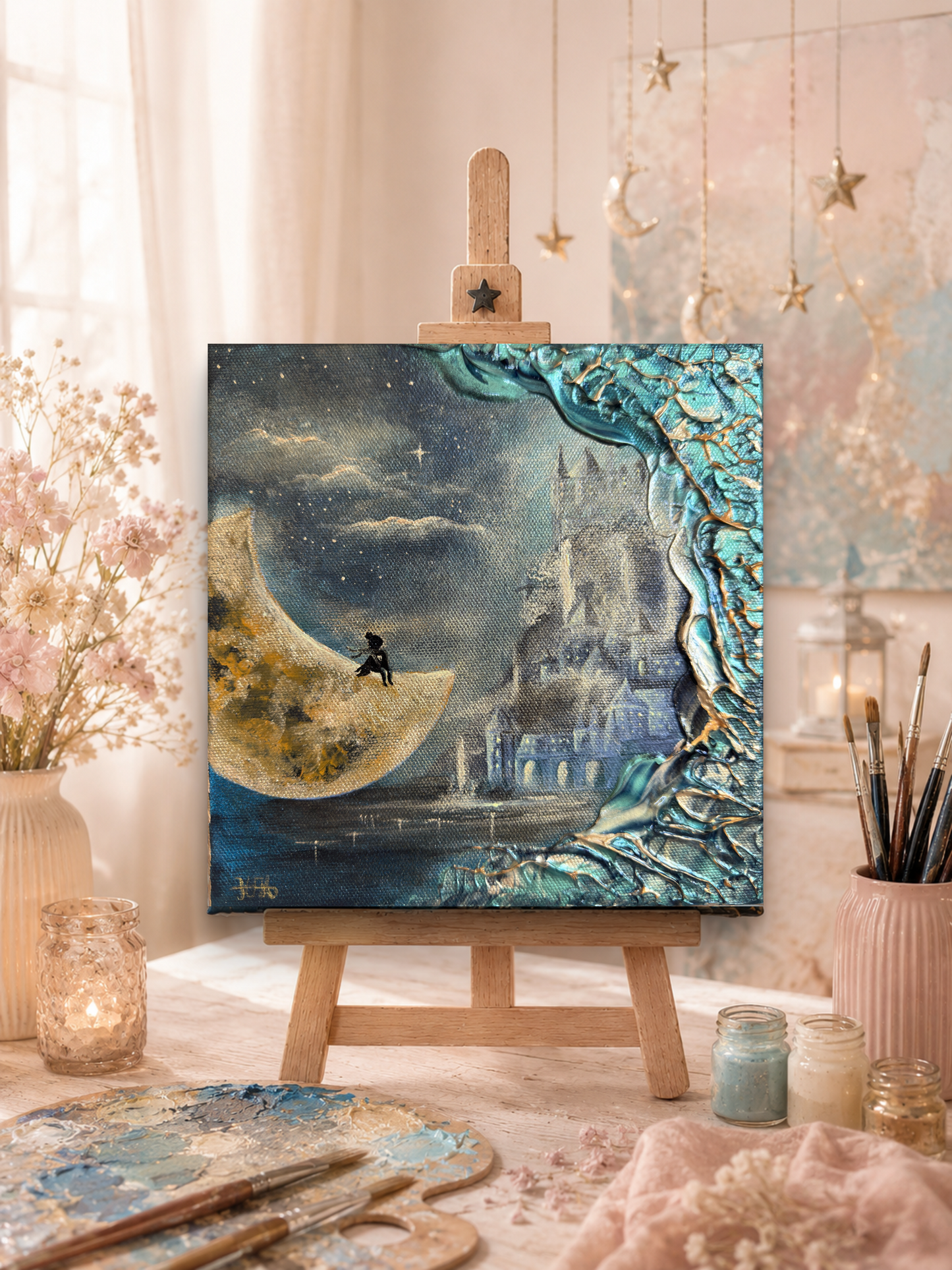 Fantasy-Gemälde mit Mond, Schloss & Lucy kaufen – Original Acrylgemälde 20 × 20 cm