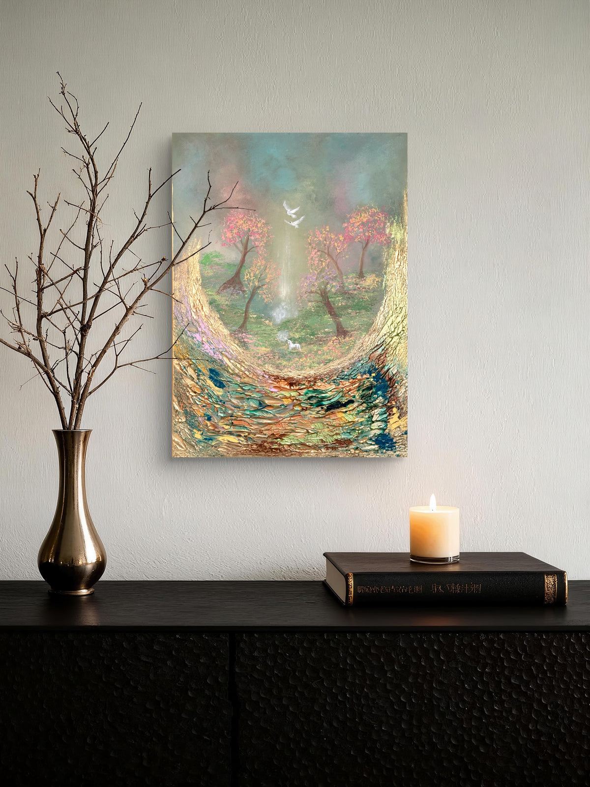 Einhorn-Gemälde „Magische Traumlandschaft“ – semi-abstraktes Original in Gold 50 × 70 cm