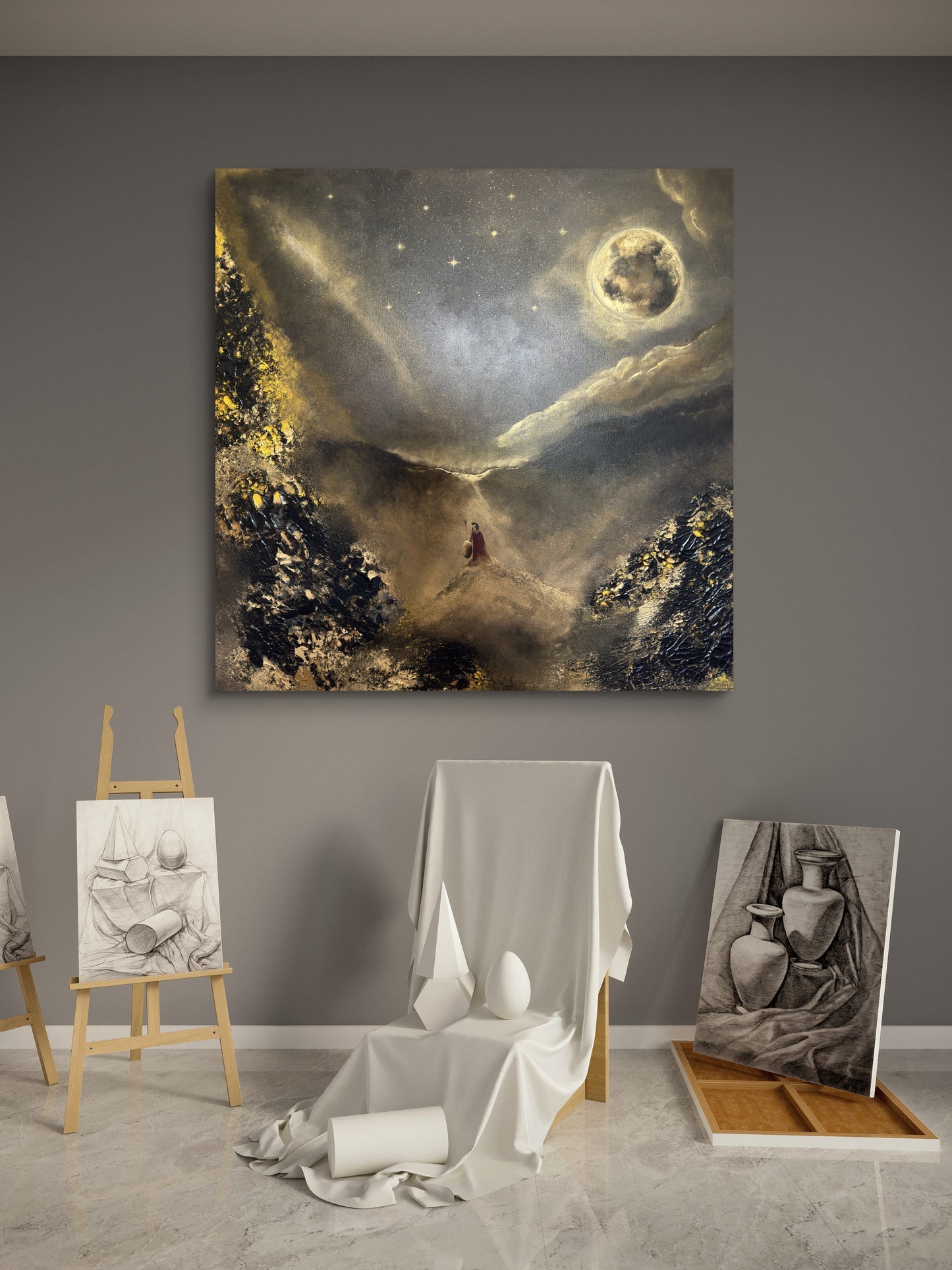 Original handgemaltes Krieger-Gemälde 80 × 80 cm in Gold, Schwarz & Bronze mit Struktur