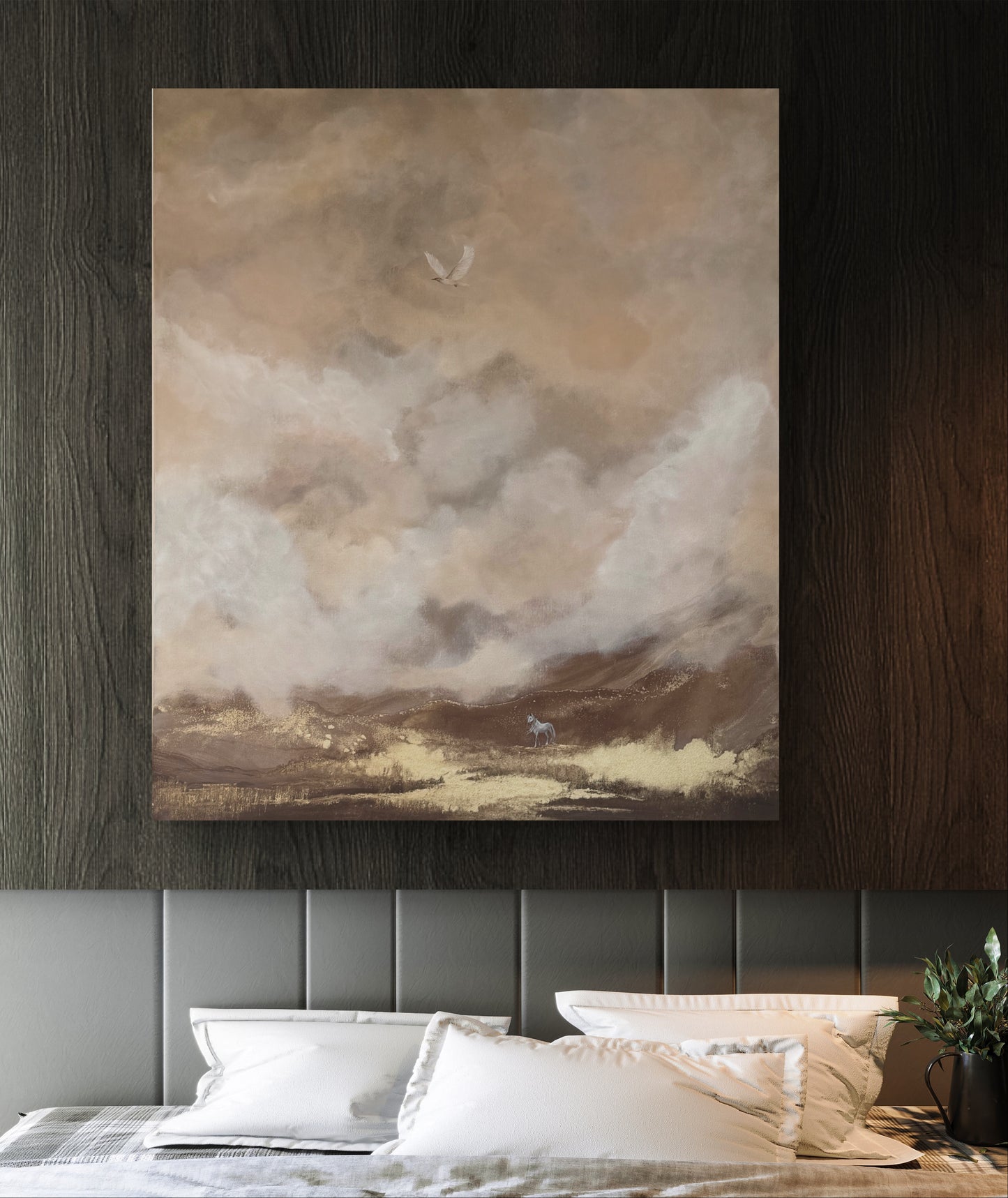 Original handgemaltes Gemälde 120 × 100 cm mit Pferd, Vogel & goldener Traumlandschaft