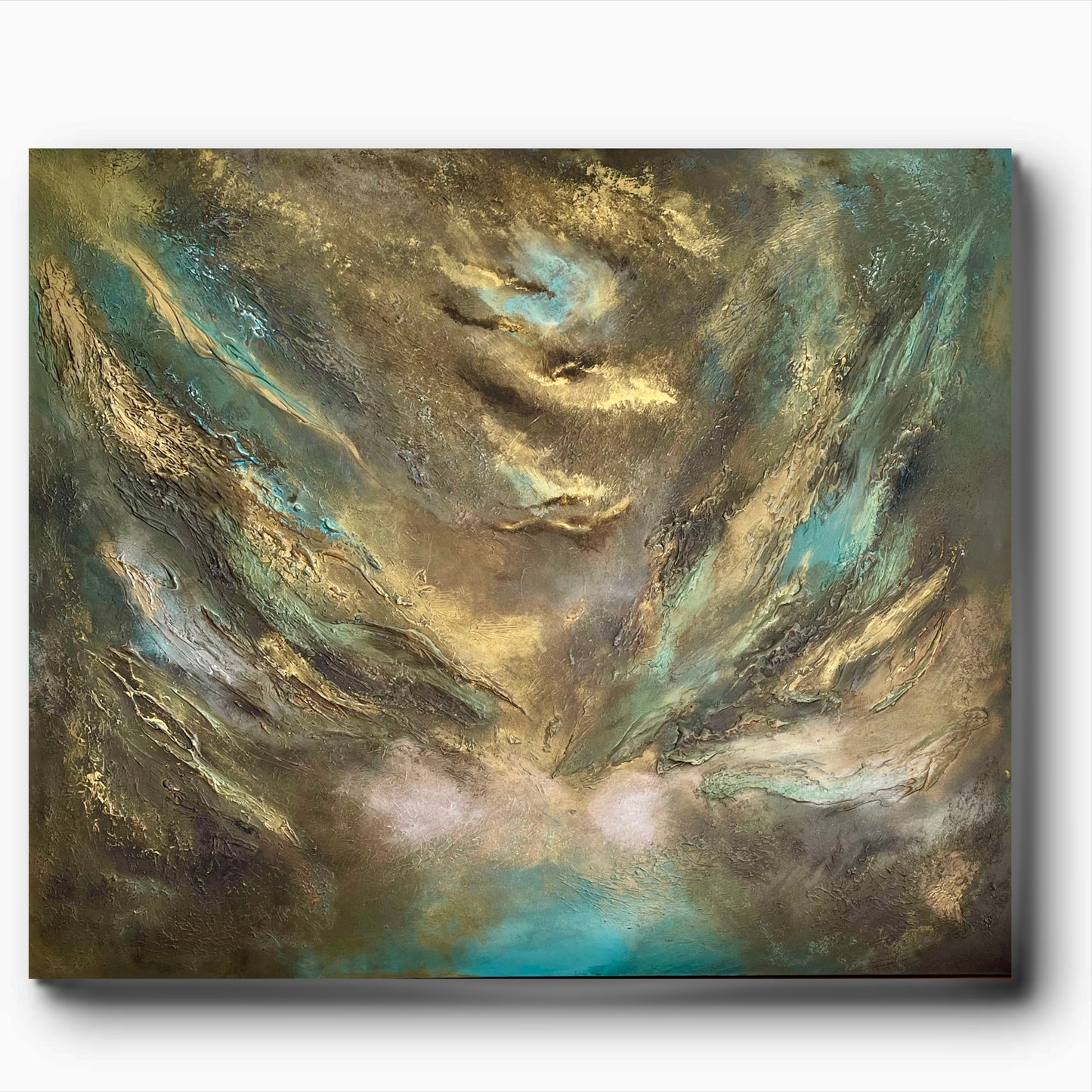 Abstraktes Gemälde in Gold, Türkis & Bronze kaufen – Original Acrylgemälde 120 × 100 cm