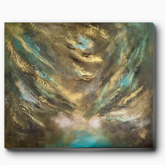 Abstraktes Gemälde in Gold, Türkis & Bronze kaufen – Original Acrylgemälde 120 × 100 cm