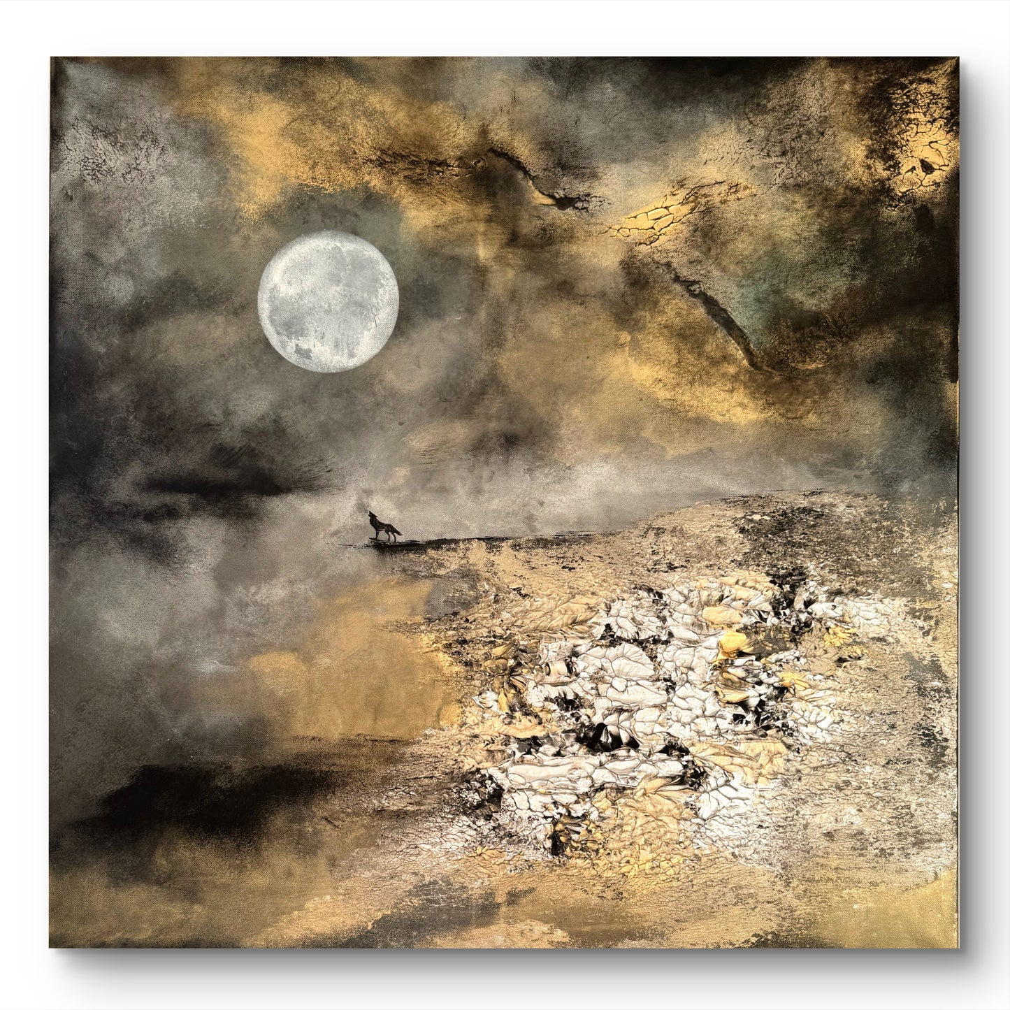 Original handgemaltes Fantasy Gemälde - Wolf - Nachtlandschaft