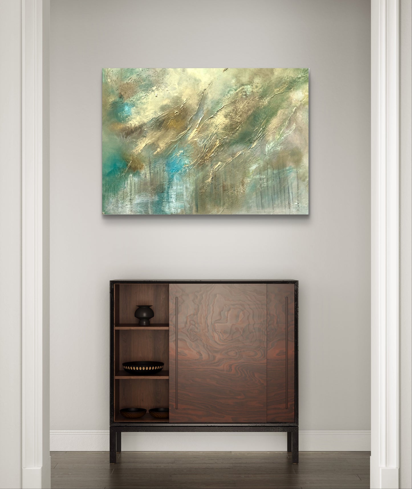 Original handgemaltes abstraktes Gemälde 100 × 70 cm in Gold, Blau, Grün & Erdtönen mit Struktur