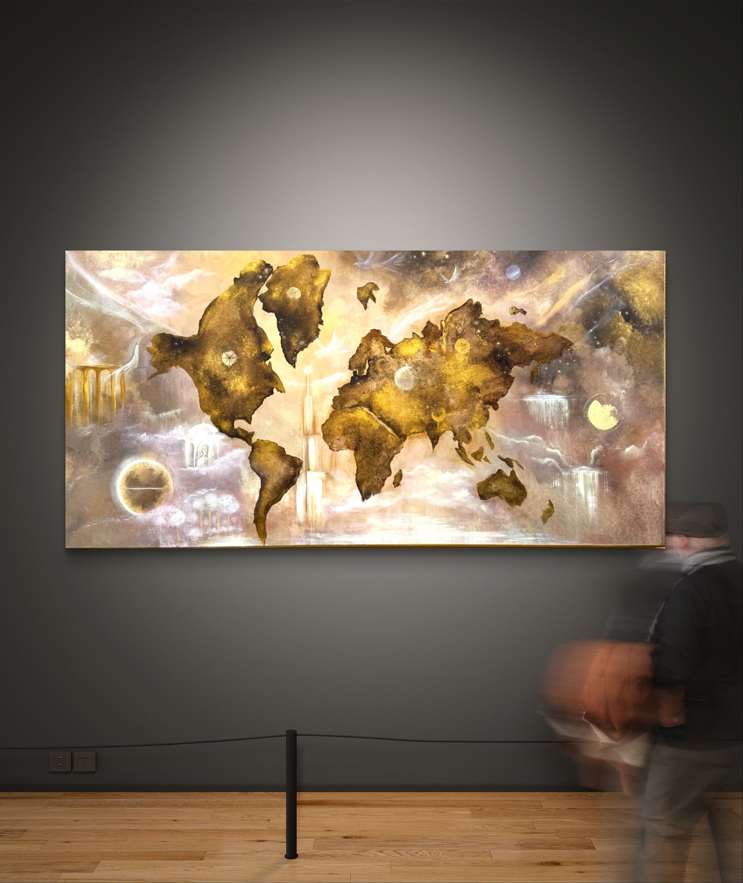 Original handgemaltes Weltkarten-Gemälde 140 × 70 cm in Gold mit kosmischen Elementen und Struktur