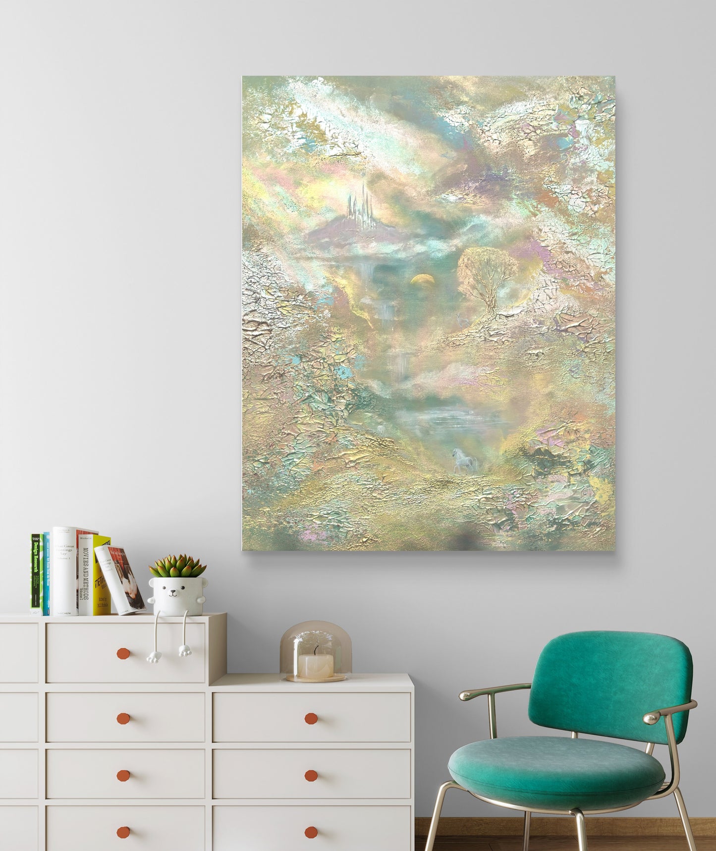 Pastellfarbenes Fantasy-Landschaftsgemälde mit Pferd, Schwan, Hirsch und Schloss – Original 80 × 100 cm