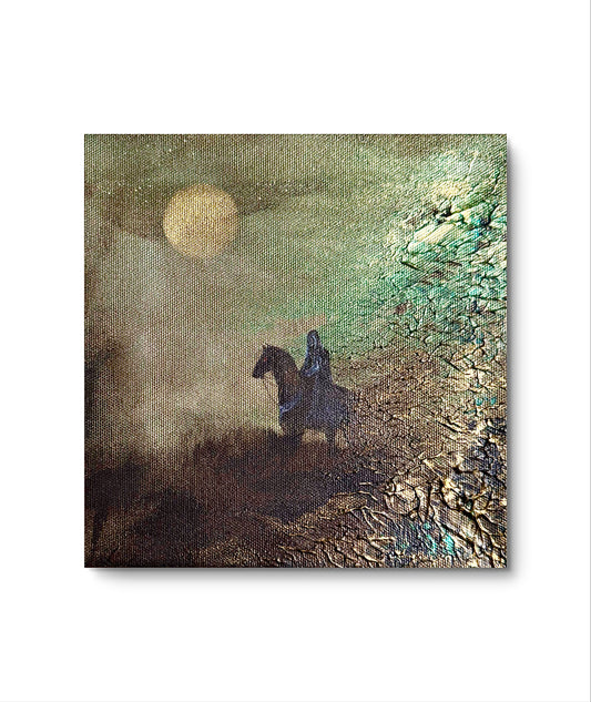 Mystisches Fantasy Gemälde 20x20 cm – Reiter bei Mondlicht – semiabstrakt, Unikat, strukturiert, Bronze Gold Schwarz Kunstwerk - handgemalt