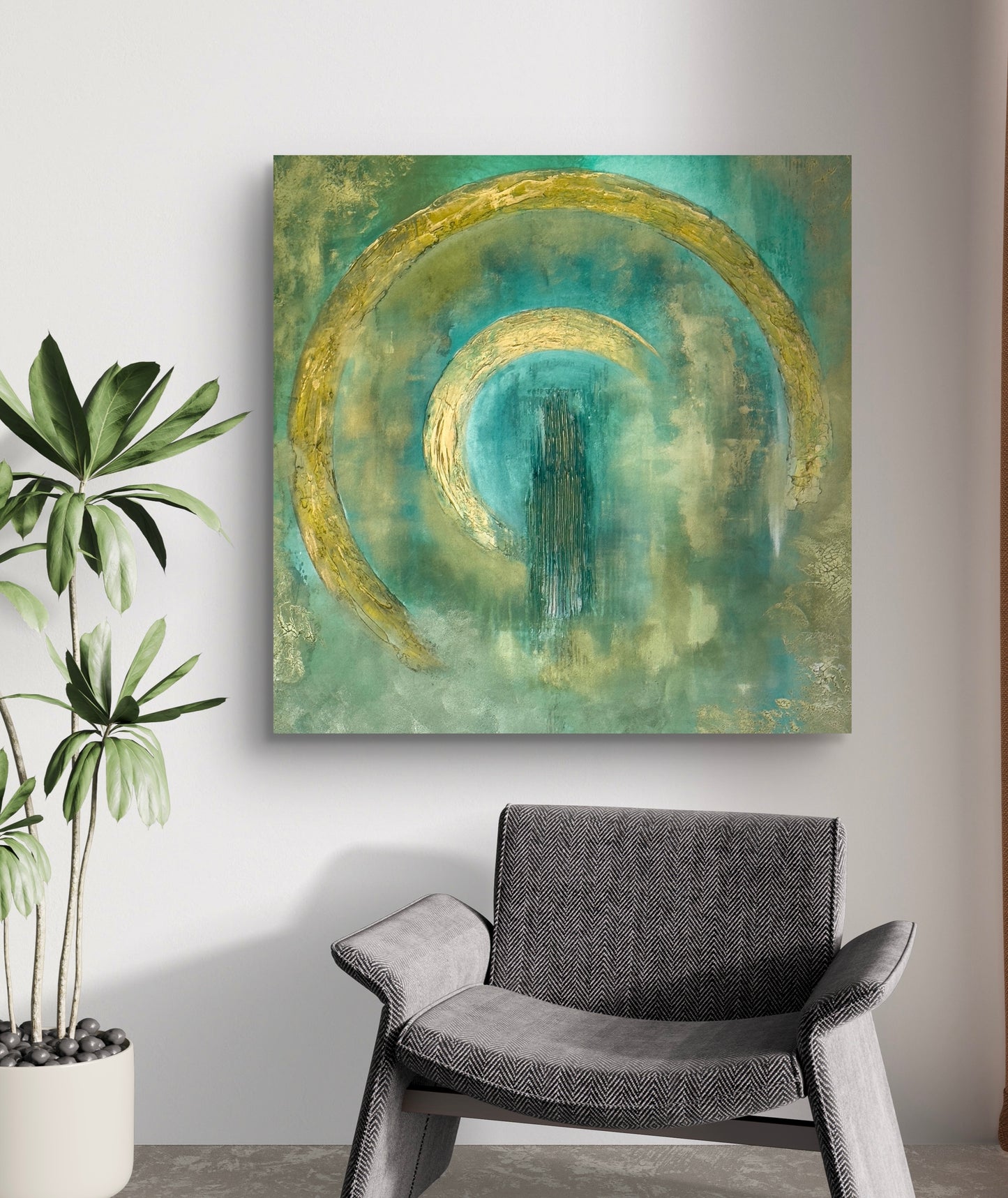 Abstraktes Originalgemälde in Grün & Gold – Acryl auf Leinwand 80 × 80 cm – Handsigniert