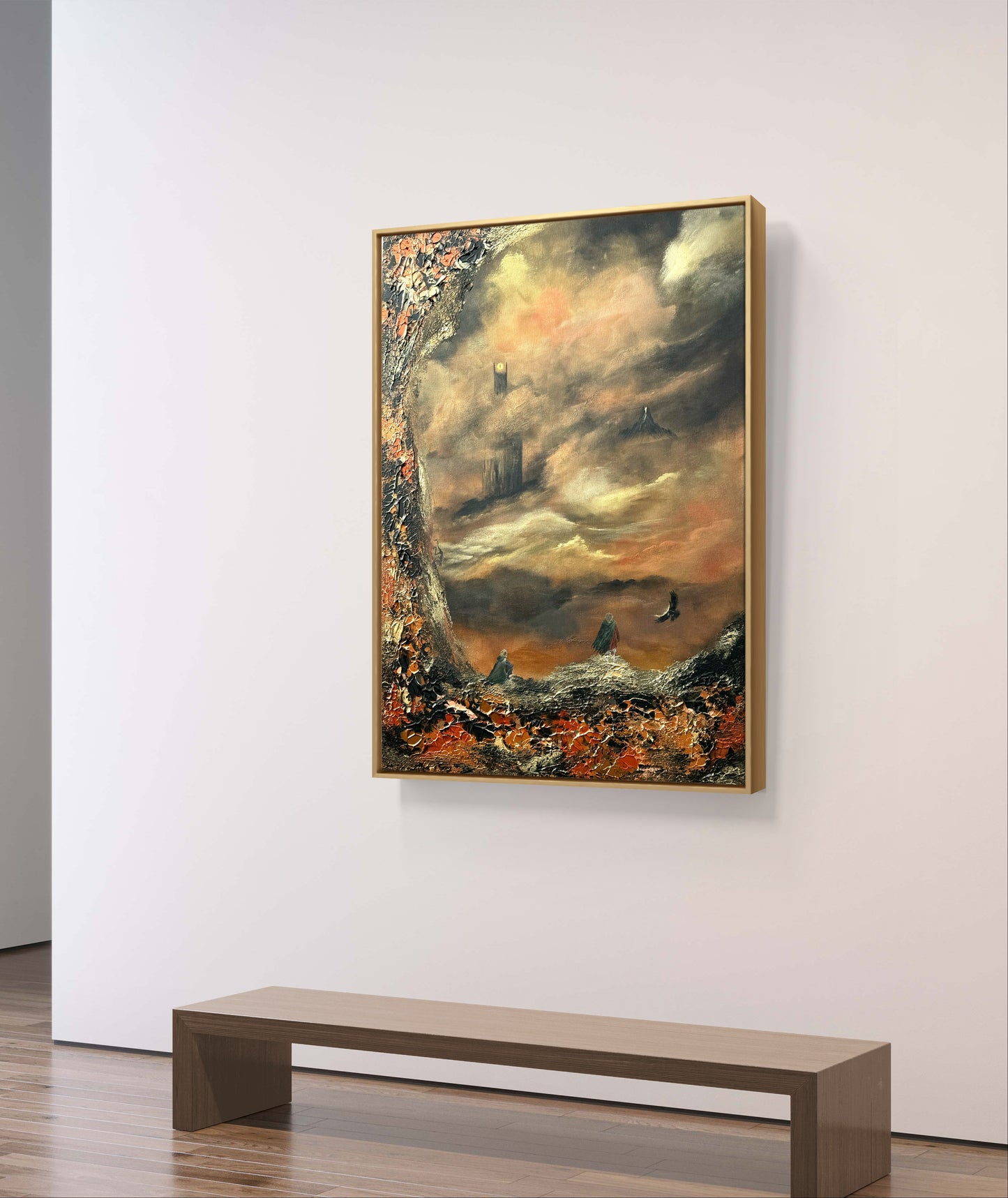 Fantasy Originalgemälde – Epische Landschaft in Gold & Schwarz – Acryl auf Leinwand 70 × 100 cm – Handsigniert