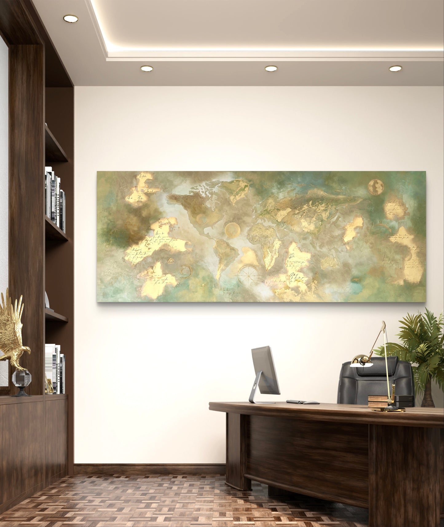 Original handgemalte XXL-Weltkarte 80 × 200 cm mit Struktur, Blattgold & spirituellen Symbolen