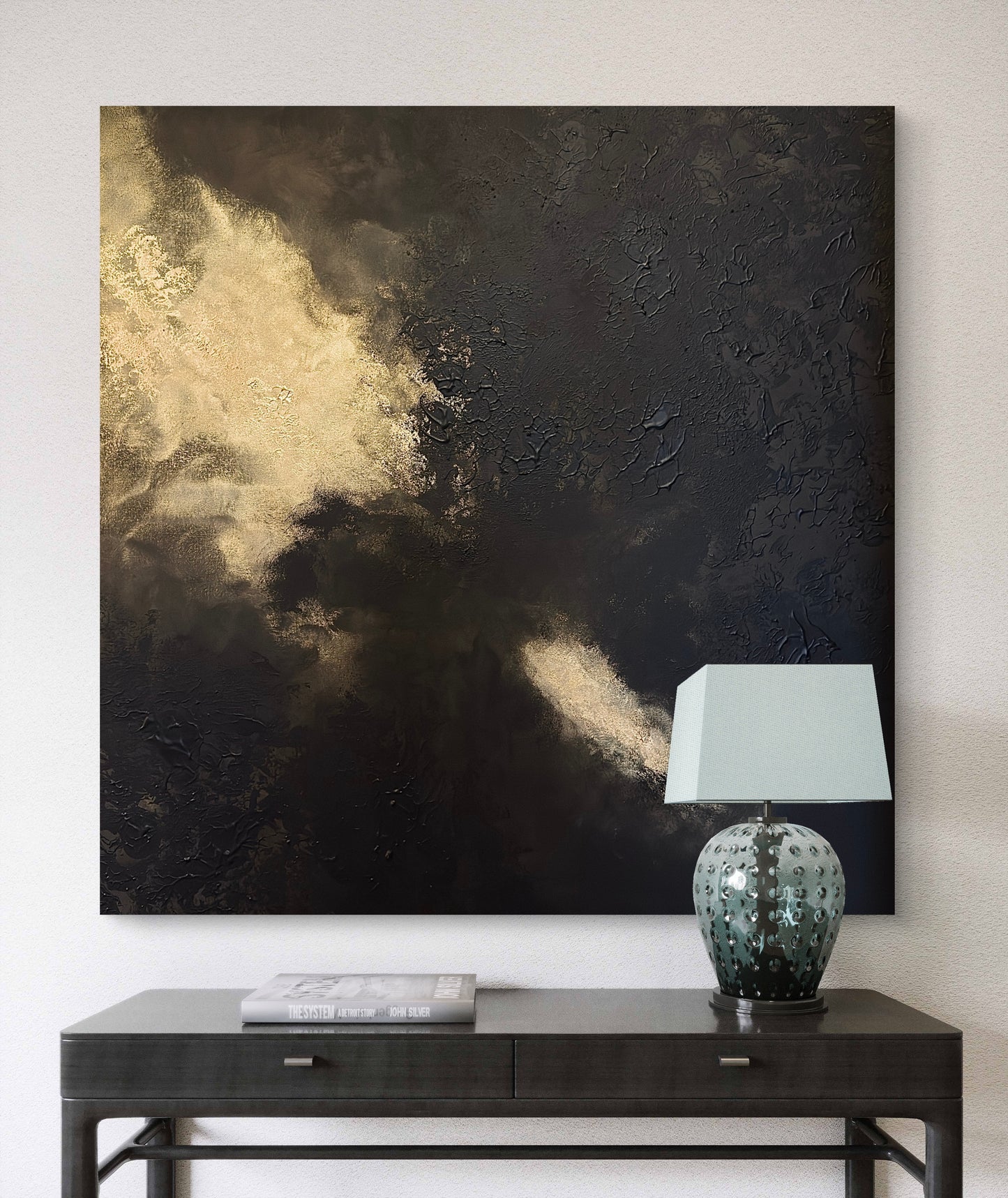 Original handgemaltes abstraktes Gemälde 90 × 90 cm in Gold und Schwarz mit Struktur