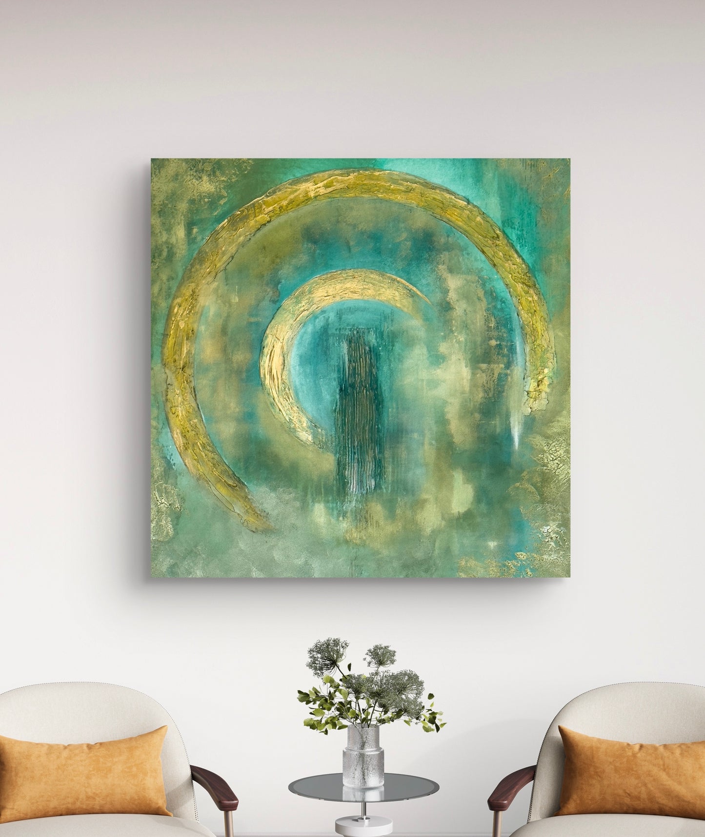 Abstraktes Originalgemälde in Grün & Gold – Acryl auf Leinwand 80 × 80 cm – Handsigniert