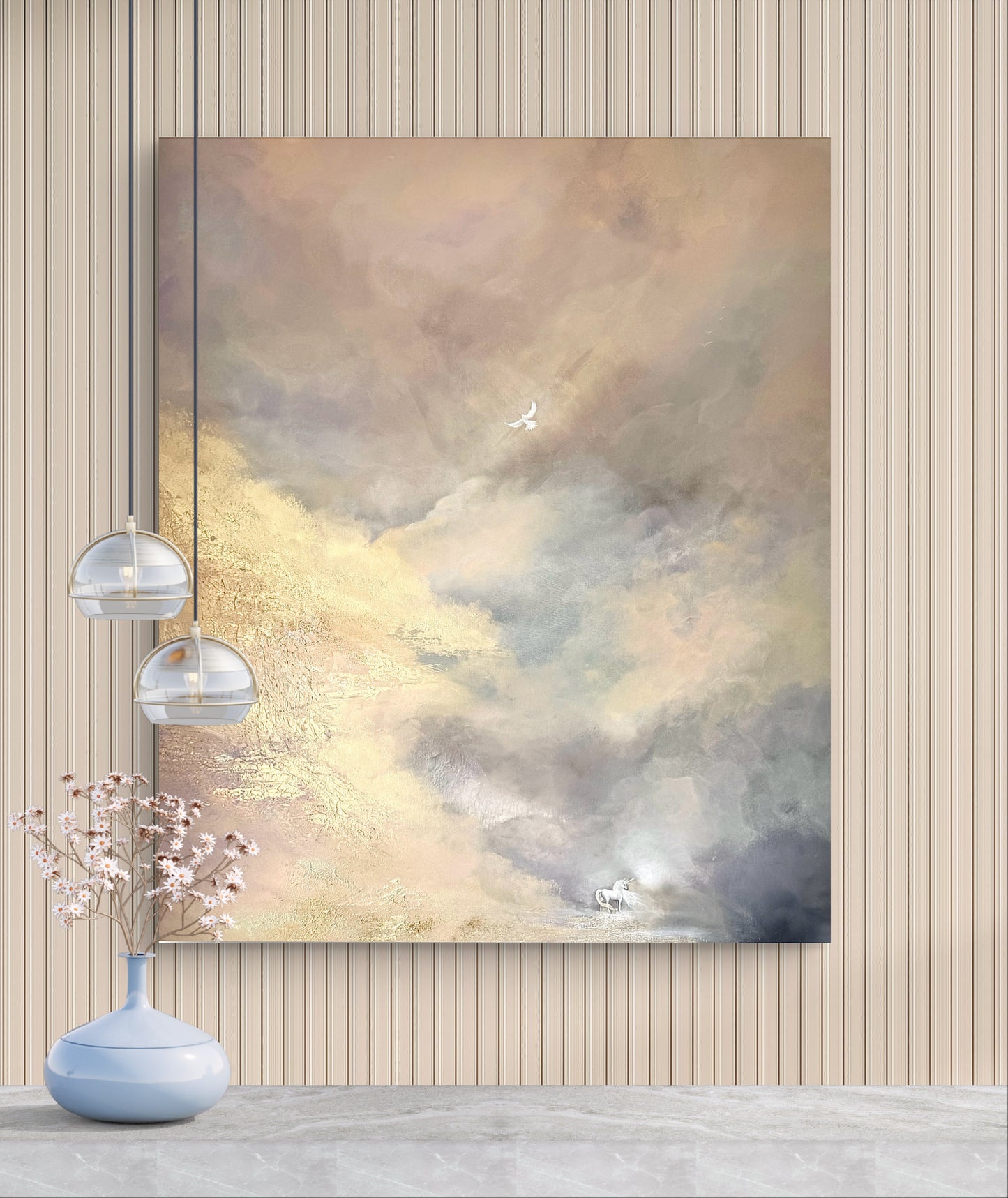 Original handgemaltes Fantasy-Gemälde „Whispers of Magic“ 120 × 100 cm mit Einhorn & Traumlandschaft