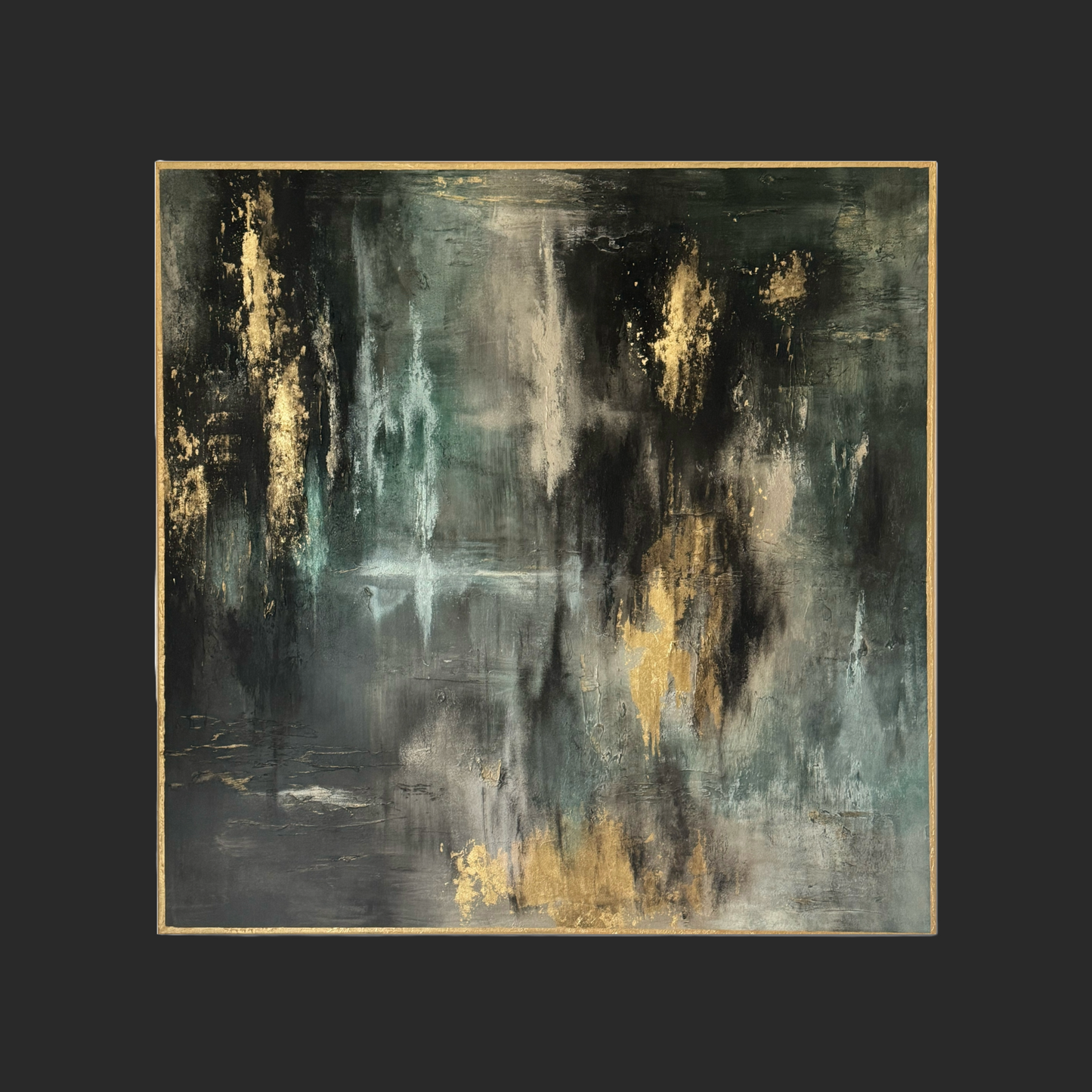 Original handgemaltes abstraktes Gemälde 100 × 100 cm in Schwarz, Grün & Gold mit Struktur