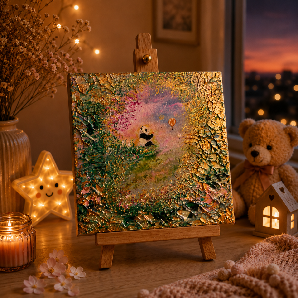 Dreams Take Flight – Handgemaltes Panda Gemälde 20 × 20 cm | Original Acrylmalerei | Kinderzimmer Wandbild | Hope & Light Collection