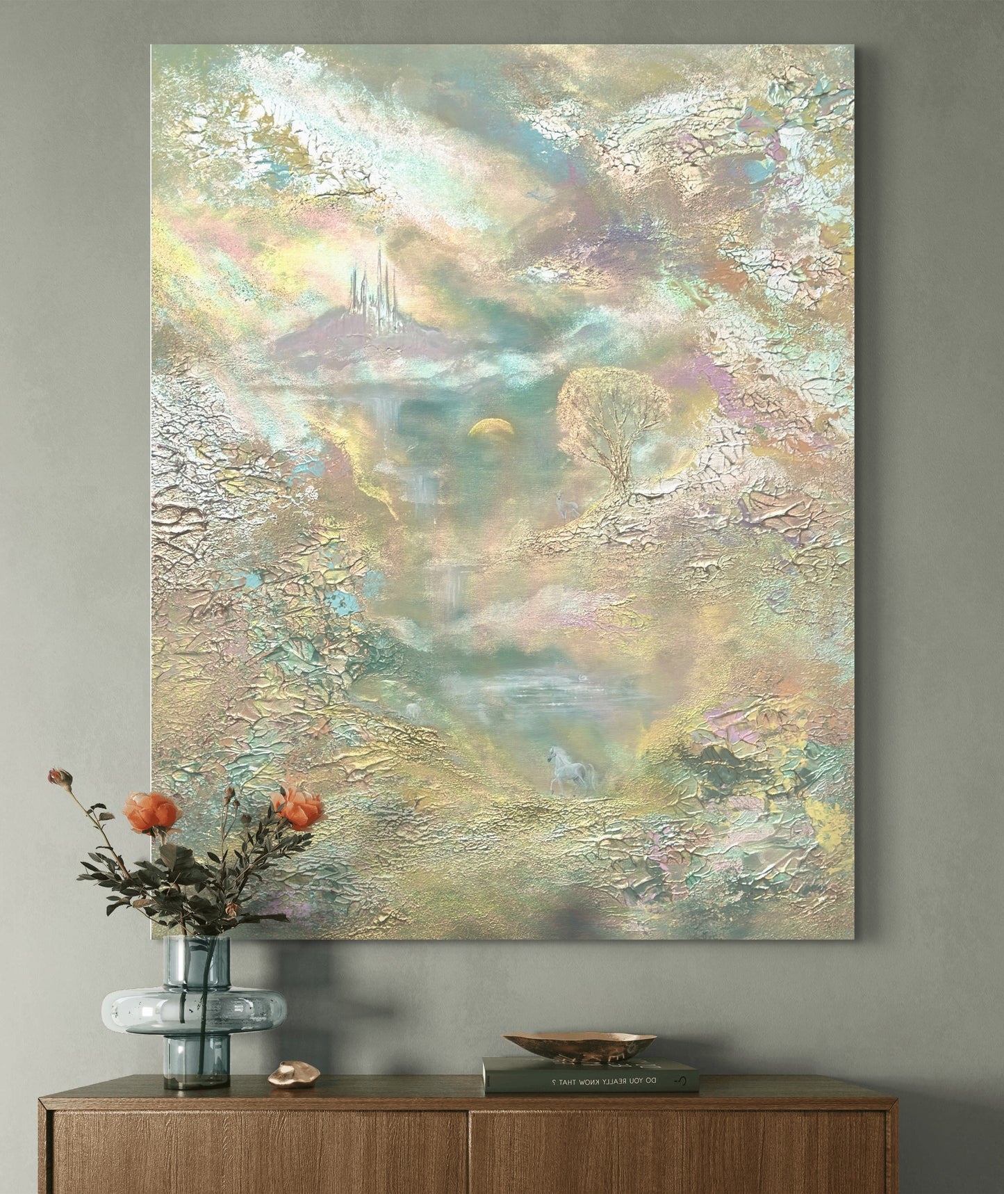 Pastellfarbenes Fantasy-Landschaftsgemälde mit Pferd, Schwan, Hirsch und Schloss – Original 80 × 100 cm