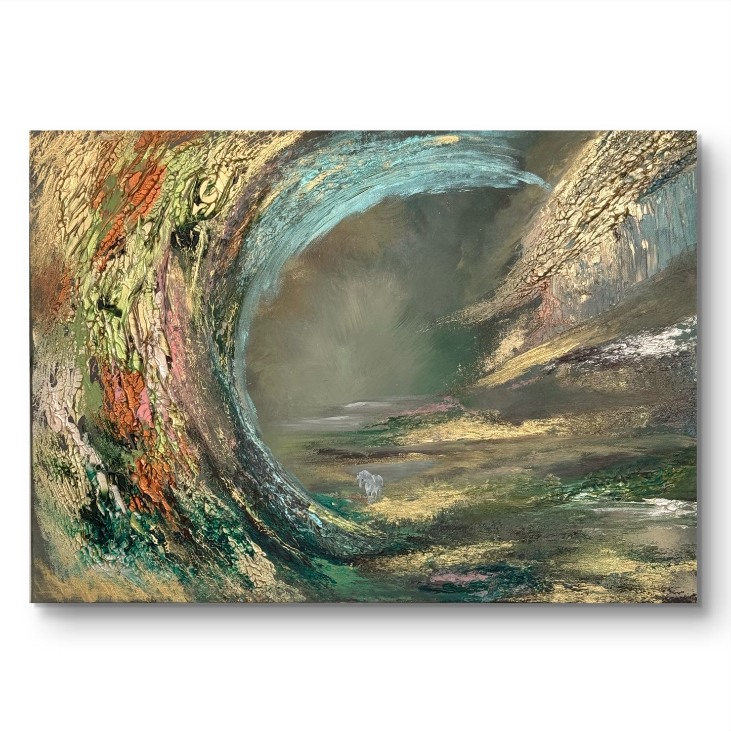 Fantasy Originalgemälde – Weißes Pferd in Herbst-Traumlandschaft – Acryl auf Leinwand 50 × 70 cm – Handsigniert