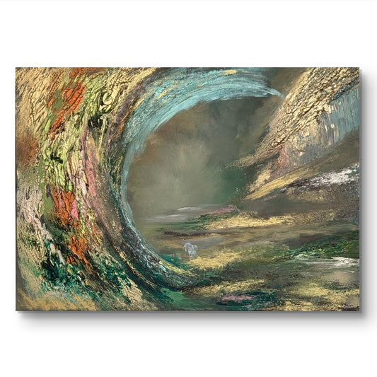Fantasy Originalgemälde – Weißes Pferd in Herbst-Traumlandschaft – Acryl auf Leinwand 50 × 70 cm – Handsigniert