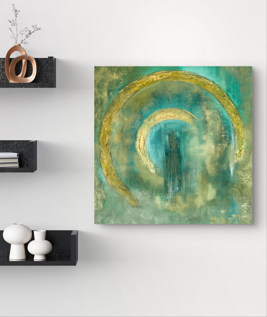 Abstraktes Originalgemälde in Grün & Gold – Acryl auf Leinwand 80 × 80 cm – Handsigniert