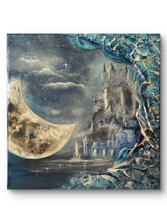 Fantasy-Gemälde mit Mond, Schloss & Lucy kaufen – Original Acrylgemälde 20 × 20 cm