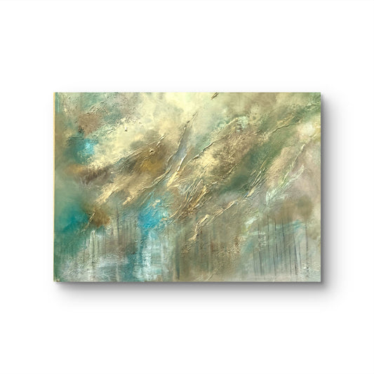 Original handgemaltes abstraktes Gemälde 100 × 70 cm in Gold, Blau, Grün & Erdtönen mit Struktur