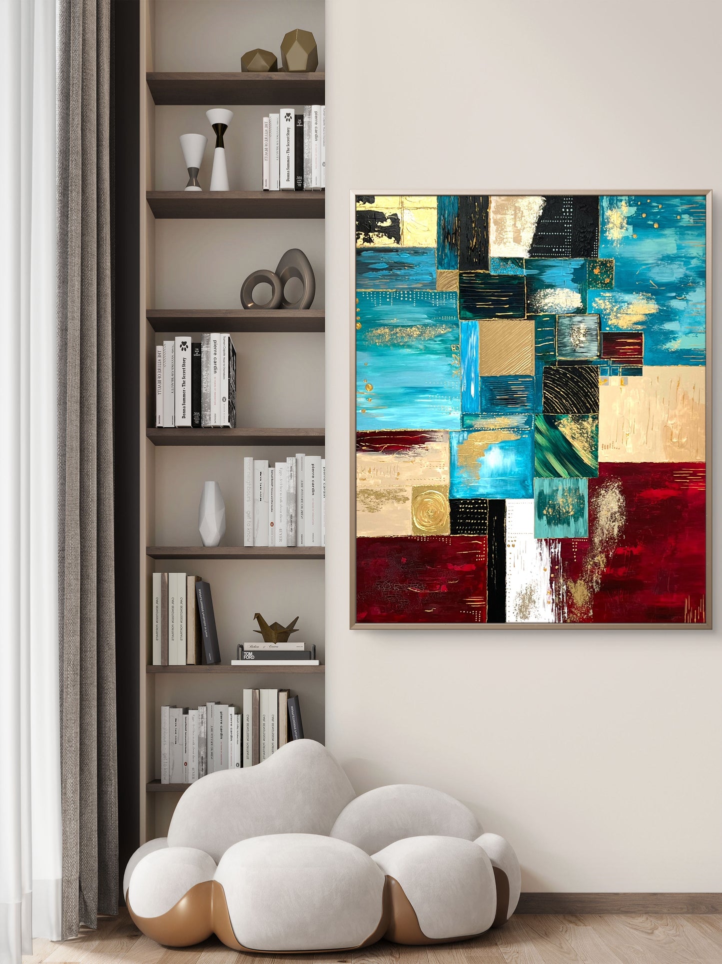 Original handgemaltes abstraktes Gemälde 120 × 100 cm in Blau, Rot, Beige