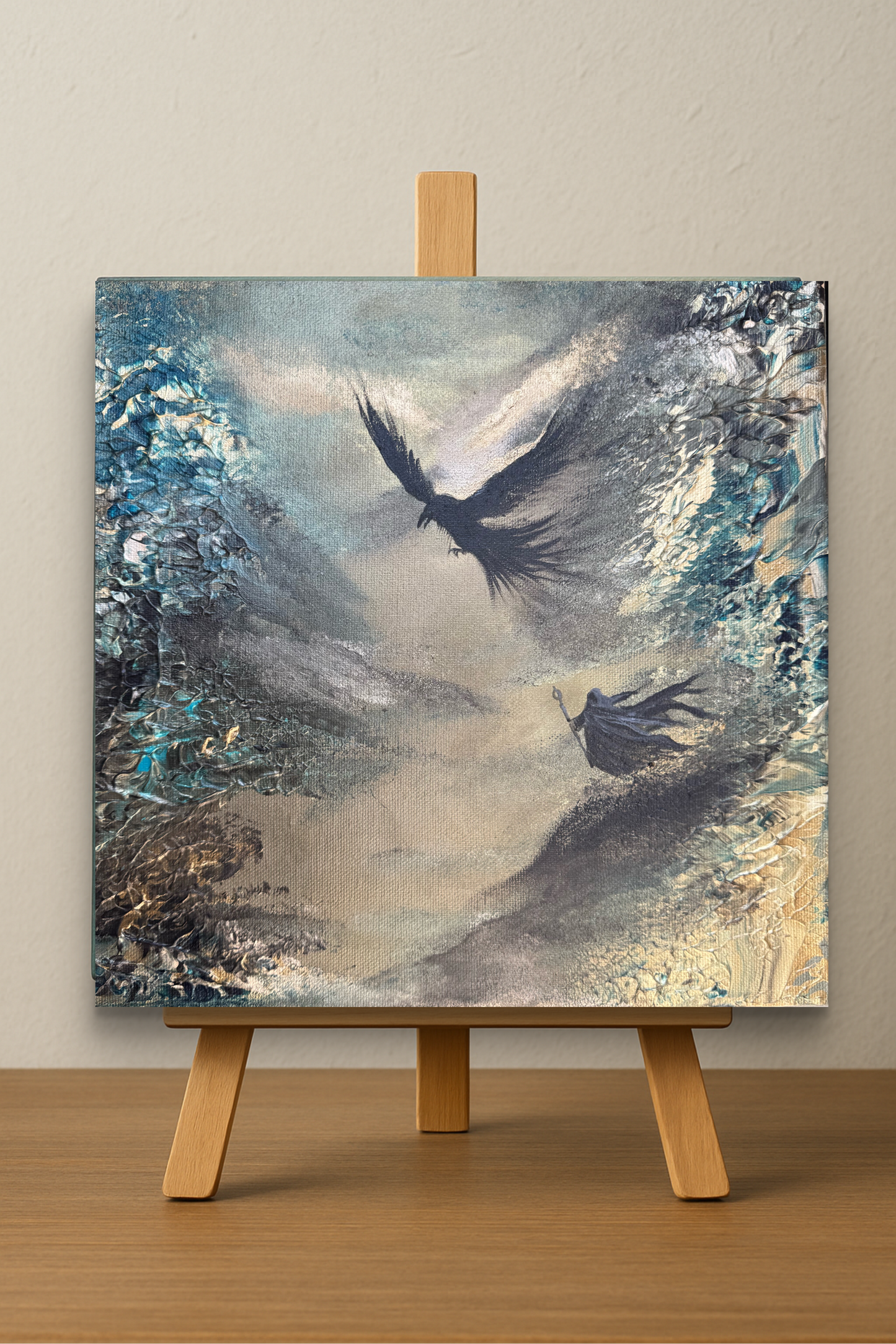 Fantasy Originalgemälde – Zauberer & Adler – Acryl auf Leinwand 30 × 30 cm – Handsigniert