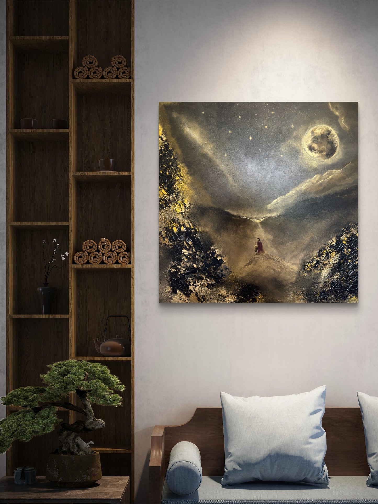 Original handgemaltes Krieger-Gemälde 80 × 80 cm in Gold, Schwarz & Bronze mit Struktur