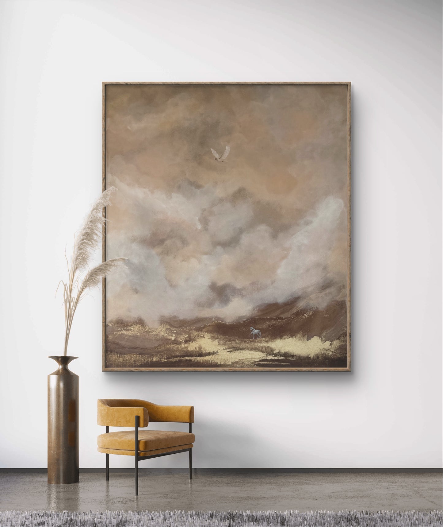 Original handgemaltes Gemälde 120 × 100 cm mit Pferd, Vogel & goldener Traumlandschaft
