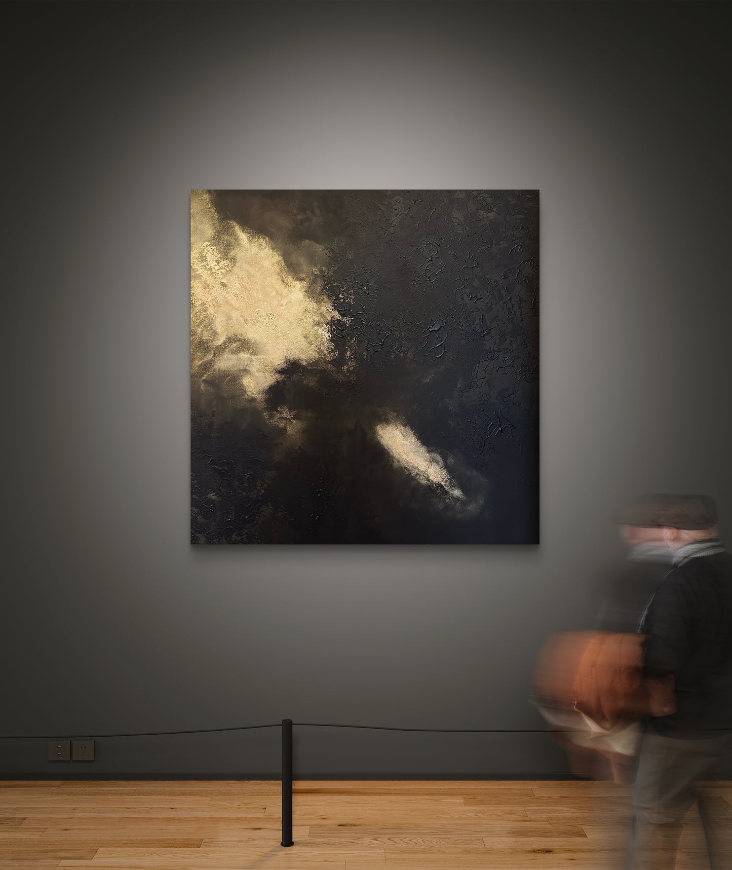 Original handgemaltes abstraktes Gemälde 90 × 90 cm in Gold und Schwarz mit Struktur