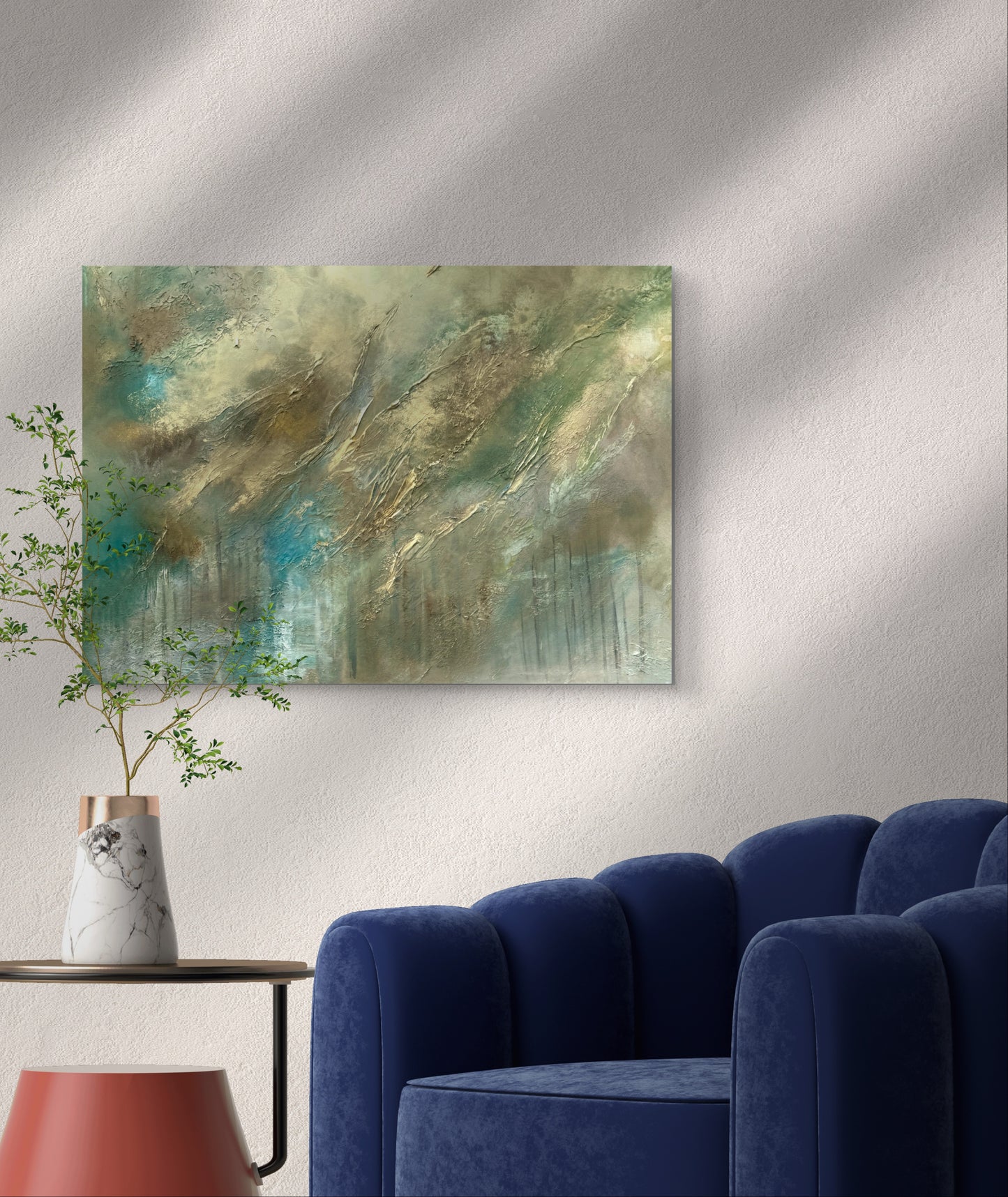 Original handgemaltes abstraktes Gemälde 100 × 70 cm in Gold, Blau, Grün & Erdtönen mit Struktur