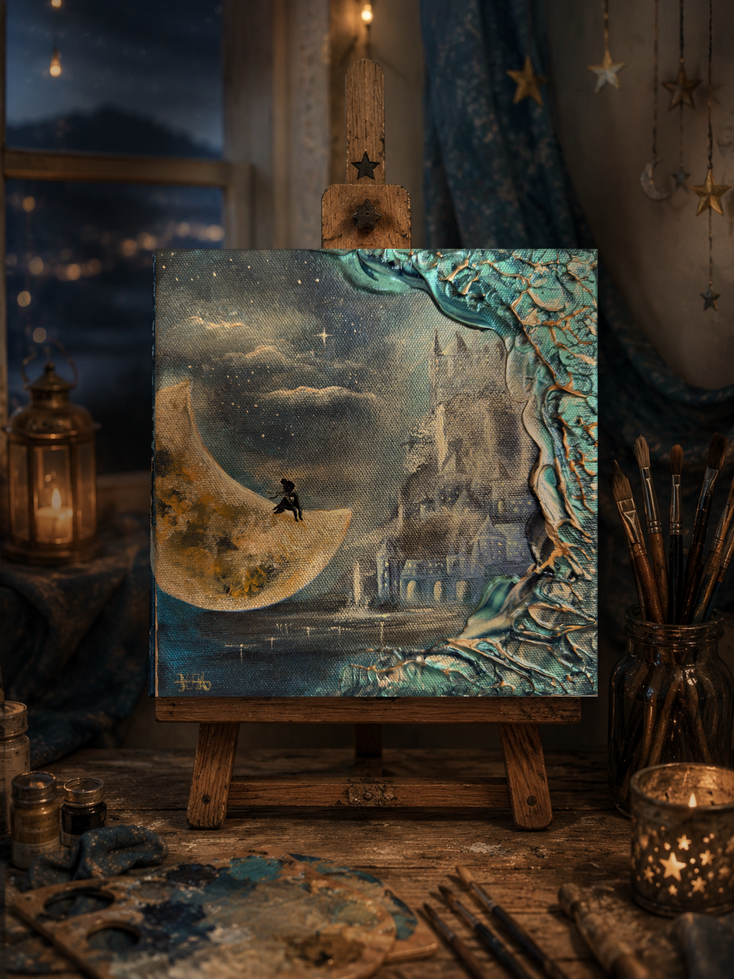 Fantasy-Gemälde mit Mond, Schloss & Lucy kaufen – Original Acrylgemälde 20 × 20 cm