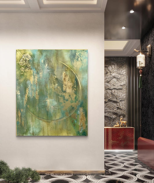 Großes abstraktes Gemälde 120cm x 100cm in Grün und Gold - perfekt für Wohnzimmer oder Büro