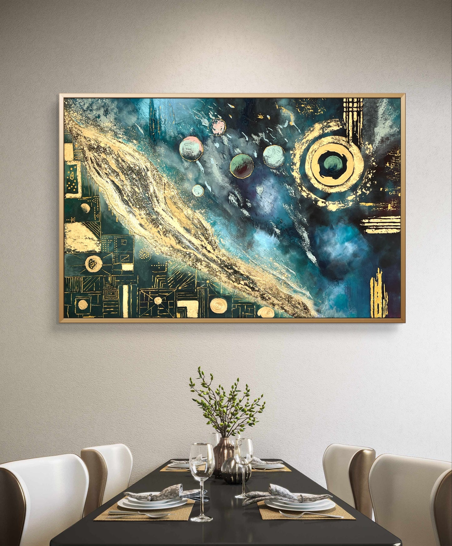 Abstraktes Originalgemälde – Cosmos in Blau & Gold – Acryl auf Leinwand 150 × 100 cm – Handsigniert
