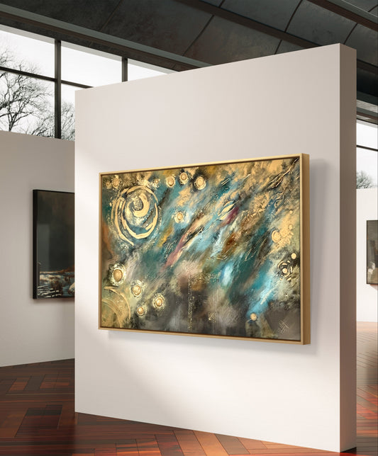 Abstraktes Originalgemälde – Celestial Flow in Gold & Blau – Acryl auf Leinwand 150 × 100 cm – Handsigniert