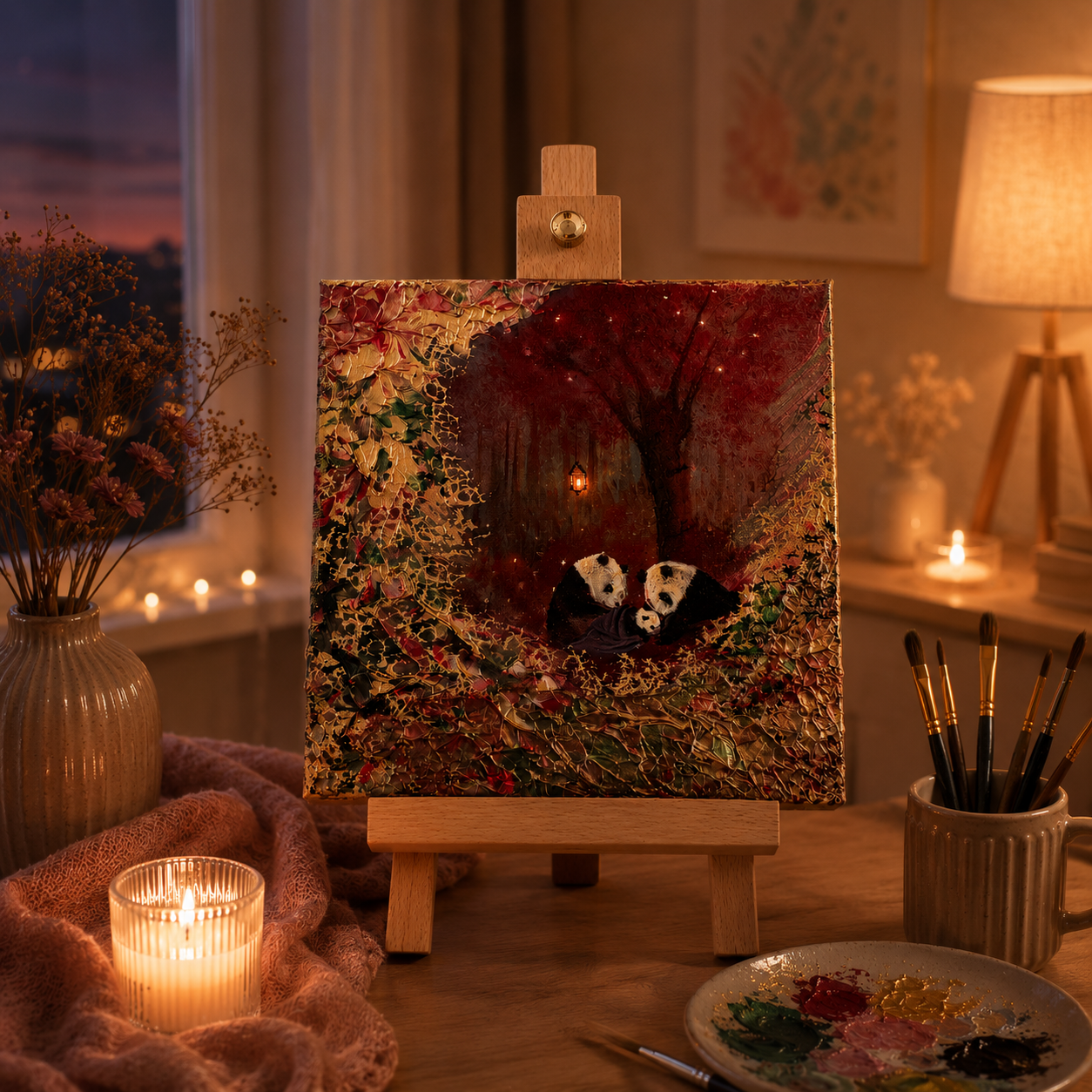 Home Is Where Love Sleeps – Handgemaltes Panda Gemälde 20 × 20 cm | Original Acrylmalerei | Kinderzimmer Wandbild | Hope & Light Collection
