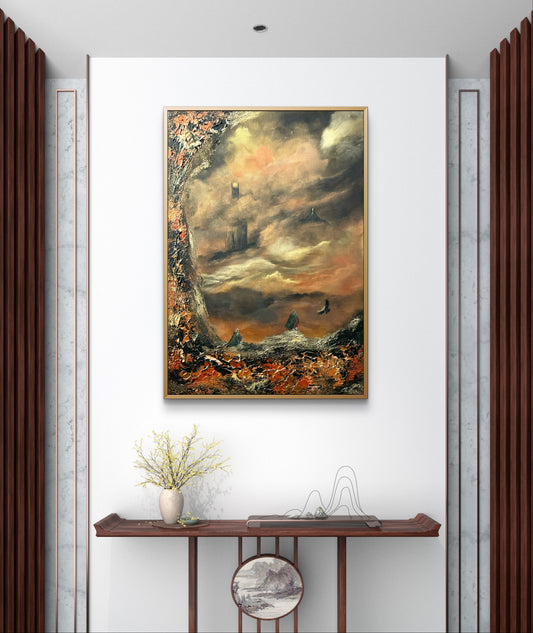 Fantasy Originalgemälde – Epische Landschaft in Gold & Schwarz – Acryl auf Leinwand 70 × 100 cm – Handsigniert