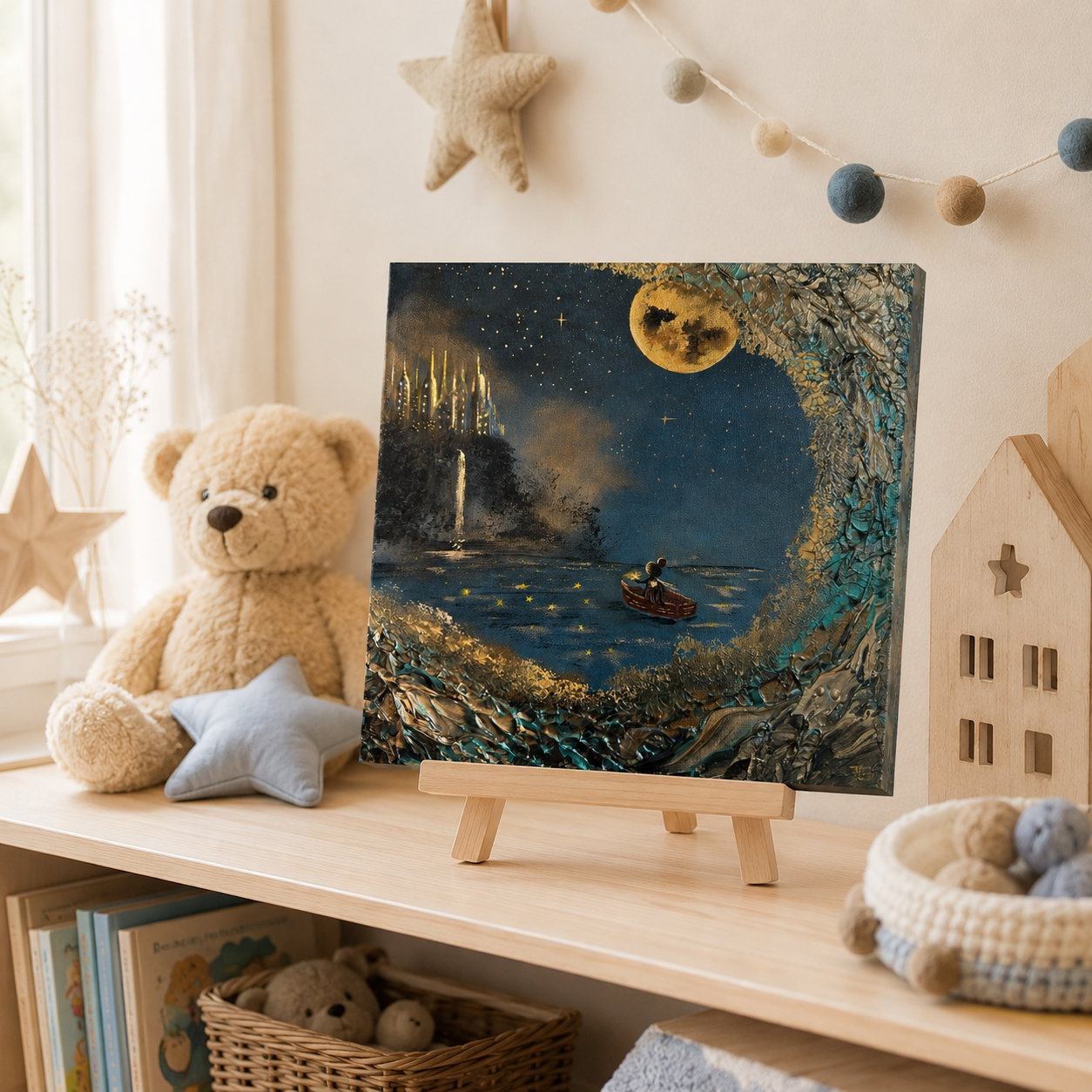 Fantasy-Gemälde mit Schloss, Mond & Lucy im Boot – Original Acrylgemälde 30 × 30 cm