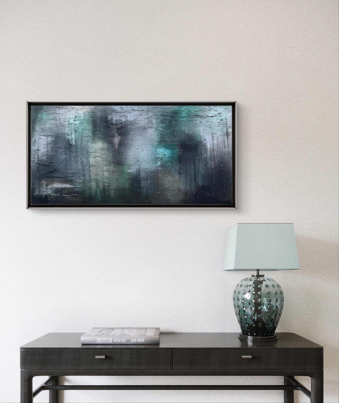 Abstraktes Originalgemälde in Türkis, Grau & Schwarz – Acryl auf Leinwand 50 × 100 cm – Handsigniert