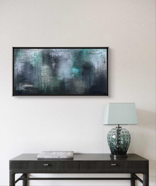 Abstraktes Originalgemälde in Türkis, Grau & Schwarz – Acryl auf Leinwand 50 × 100 cm – Handsigniert