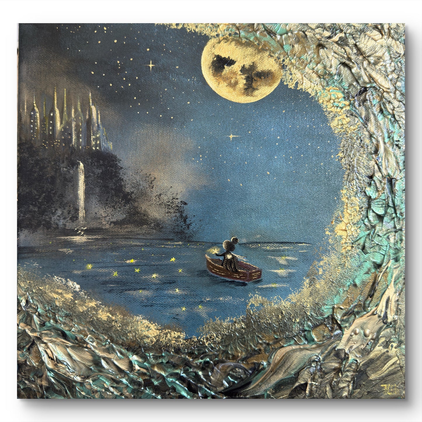 Fantasy-Gemälde mit Schloss, Mond & Lucy im Boot – Original Acrylgemälde 30 × 30 cm
