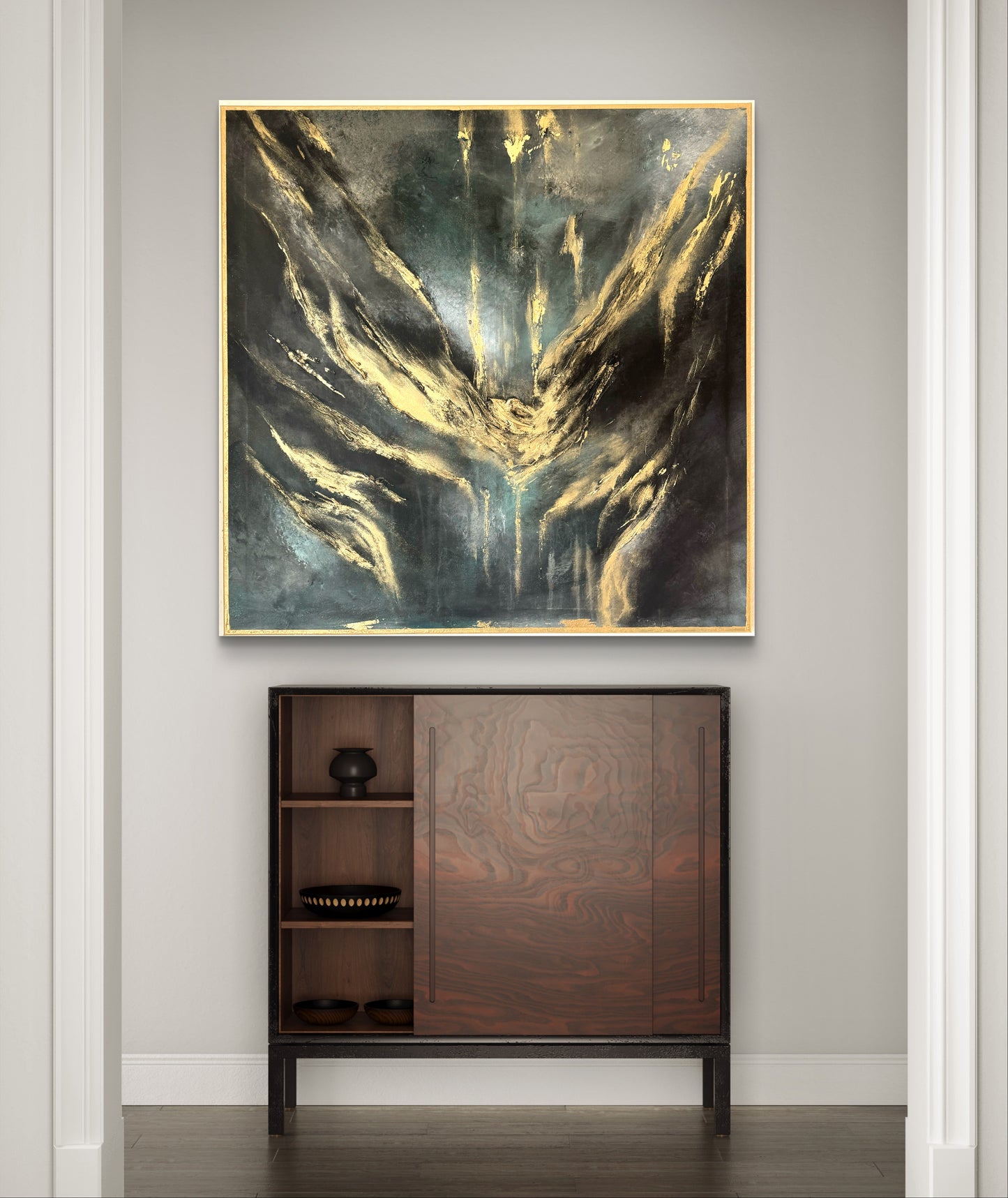 Original handgemaltes abstraktes Gemälde 100 × 100 cm in Blau, Grün, Schwarz & Metallic-Gold mit Struktur