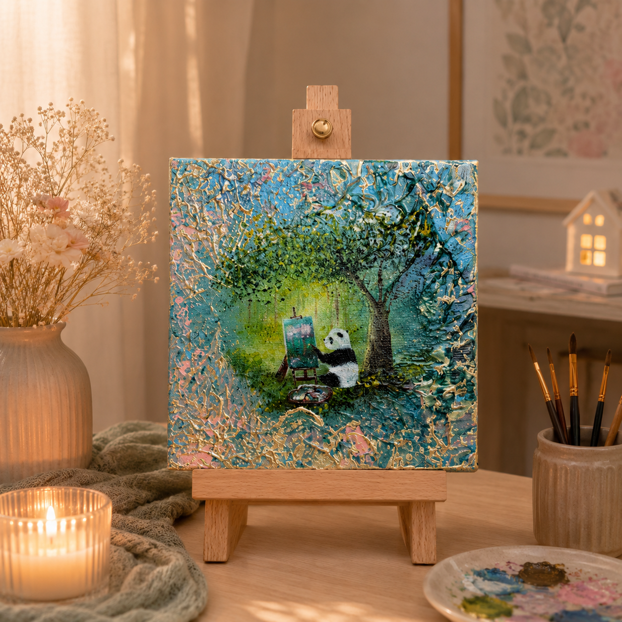 Little Artist – Handgemaltes Panda Gemälde 20 × 20 cm | Original Acrylmalerei | Kinderzimmer Wandbild | Hope & Light Collection