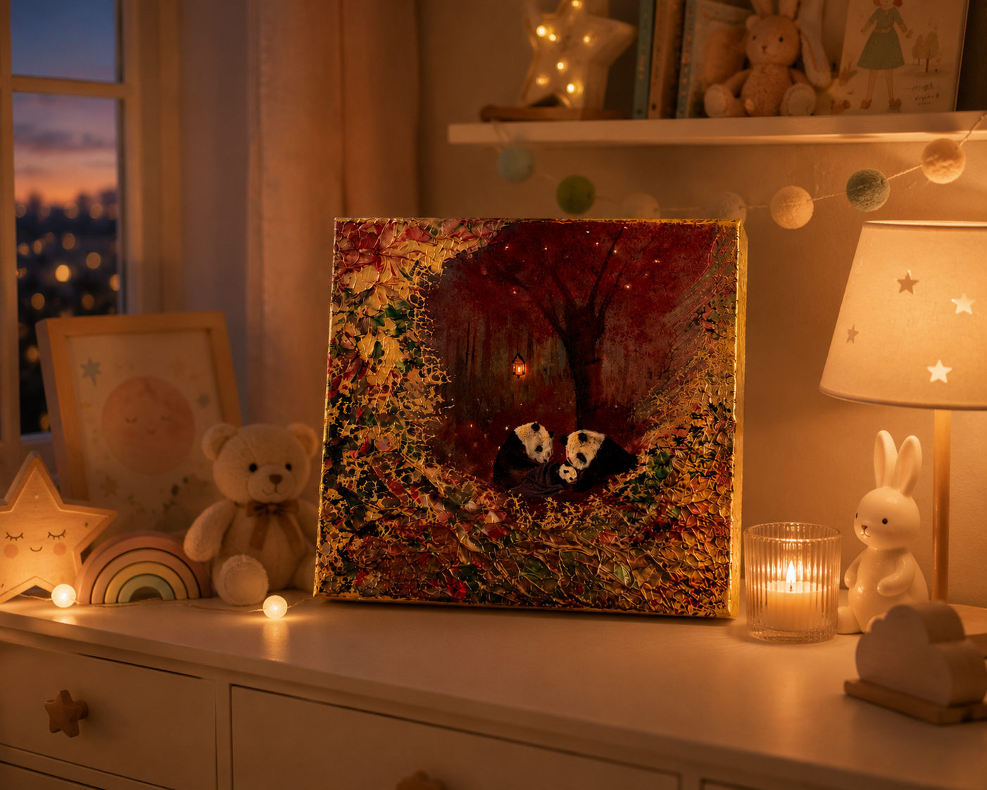 Home Is Where Love Sleeps – Handgemaltes Panda Gemälde 20 × 20 cm | Original Acrylmalerei | Kinderzimmer Wandbild | Hope & Light Collection