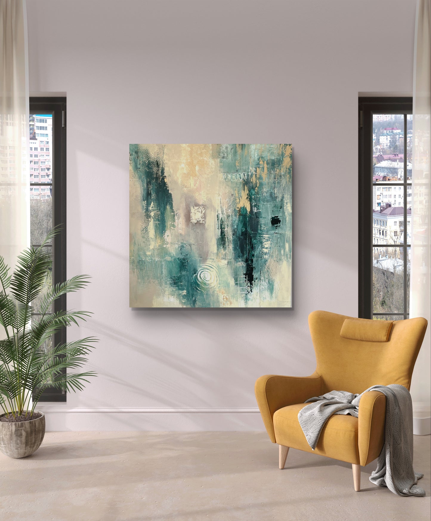 Original handgemaltes abstraktes Gemälde 100 × 100 cm in Türkis, Grün, Creme & Gold mit Struktur