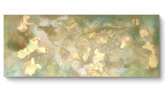 Original handgemalte XXL-Weltkarte 80 × 200 cm mit Struktur, Blattgold & spirituellen Symbolen